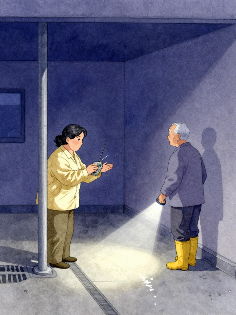 한윤서 lowers the radio and faces an unnamed short elderly cleaning lead beside the new silver support, asking with an open palm rather than directing. The elder remains planted in yellow rubber boots and studies the threatened floor. Cold flashlight beams, drainage water, low concrete, and the familiar service alcove concentrate the difficult recognition of place. Setting: 무진선 남천역 7번 승강장.