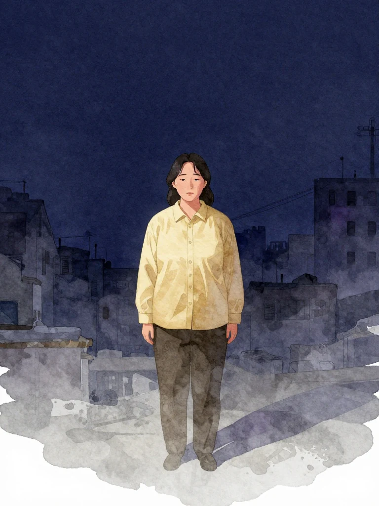 한윤서 stands alone in dim light, facing forward with a solemn posture. Their body is still, hands at their sides, as if bracing for impact. The air holds tension, heavy with unspoken weight. The space is empty except for the character's presence.
