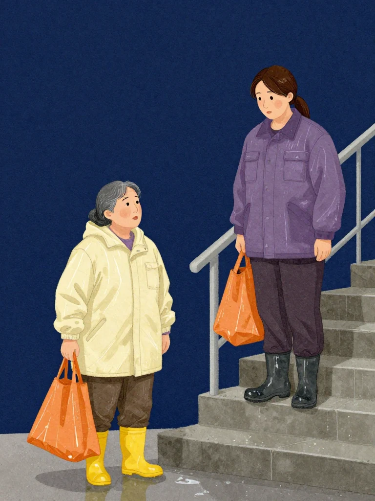 한윤서 stands beside the unnamed elderly cleaning lead at the lower stairs while 목서라 stops half a level above in sturdy wet-weather work shoes. Both filed figures hold practical balanced footing on damp concrete. Pale service light crosses the rail, orange rainwear, yellow rubber boots, and the respectful distance around the elder's testimony. Setting: 무진선 남천역 7번 승강장.
