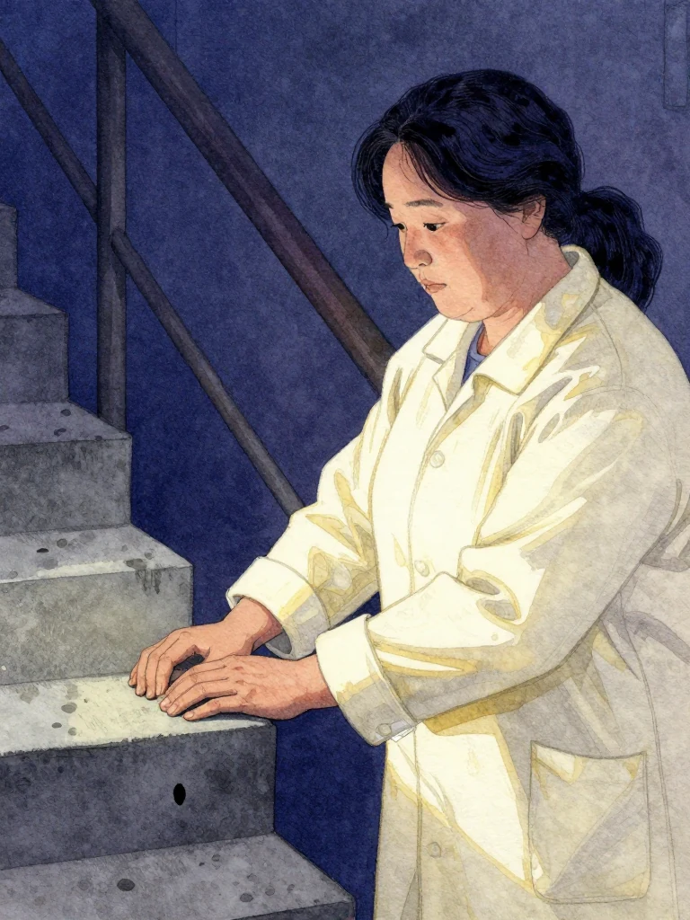 한윤서 grips a weathered hand, their coat's inner tag pulsing faintly. The hand, thick with twenty years of labor, rests near a stairwell. A single black mark blinks beneath the flickering light, echoing a silent promise. Visible objects: 내일의 상주 동패.