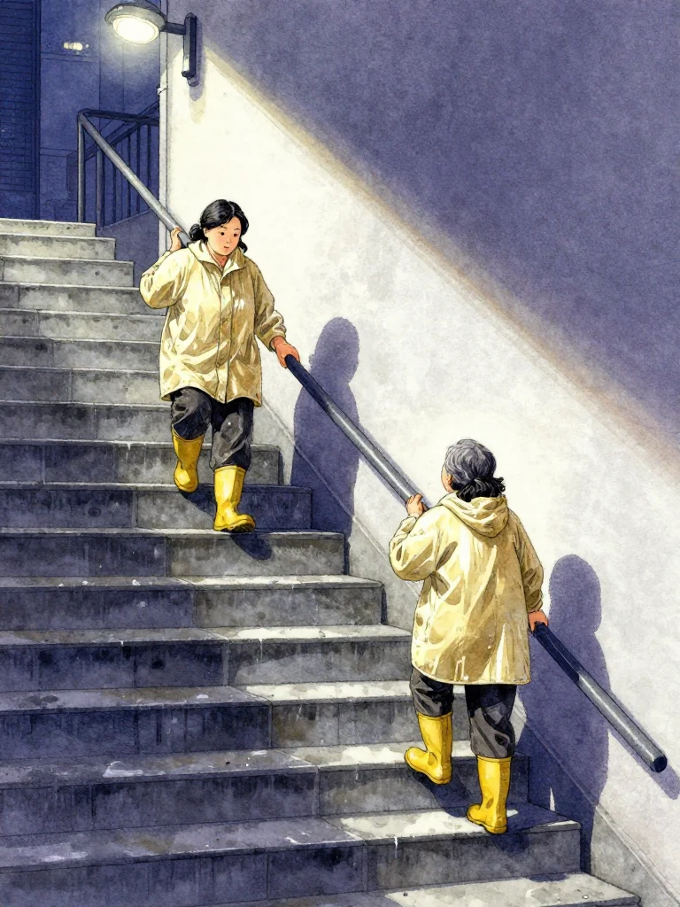 한윤서 climbs beside an unnamed short elderly cleaning lead, matching a six-step rhythm and watching each careful landing. The elder's yellow rubber boots and compact working posture remain clear beneath practical rain layers. Concrete stairs, metal railings, receding service light, and the black line at the same person's wrist carry the measured ascent toward safety. Setting: 무진선 남천역 7번 승강장.