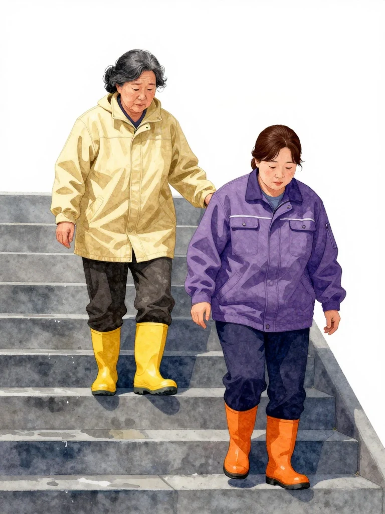 한윤서 supports one arm of the unnamed elderly cleaning lead during the stair climb while 목서라 descends half a level and takes the opposite arm. Yellow rubber boots rise in a steady four-step rhythm between them. Dawn light, damp concrete, orange rainwear, and firm practical shoes turn the shared ascent into a direct physical act of protection. Setting: 무진선 남천역 7번 승강장.