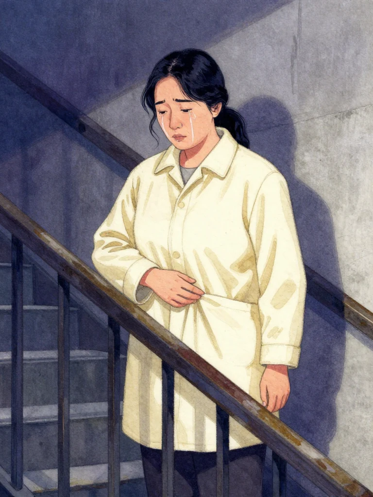한윤서 stands at the stairwell midpoint, hand brushing the inner pocket of their coat. The ambient sound of weeping metal and concrete echoes behind them. Their posture is still, focused, as if preparing to reveal something hidden in plain sight.