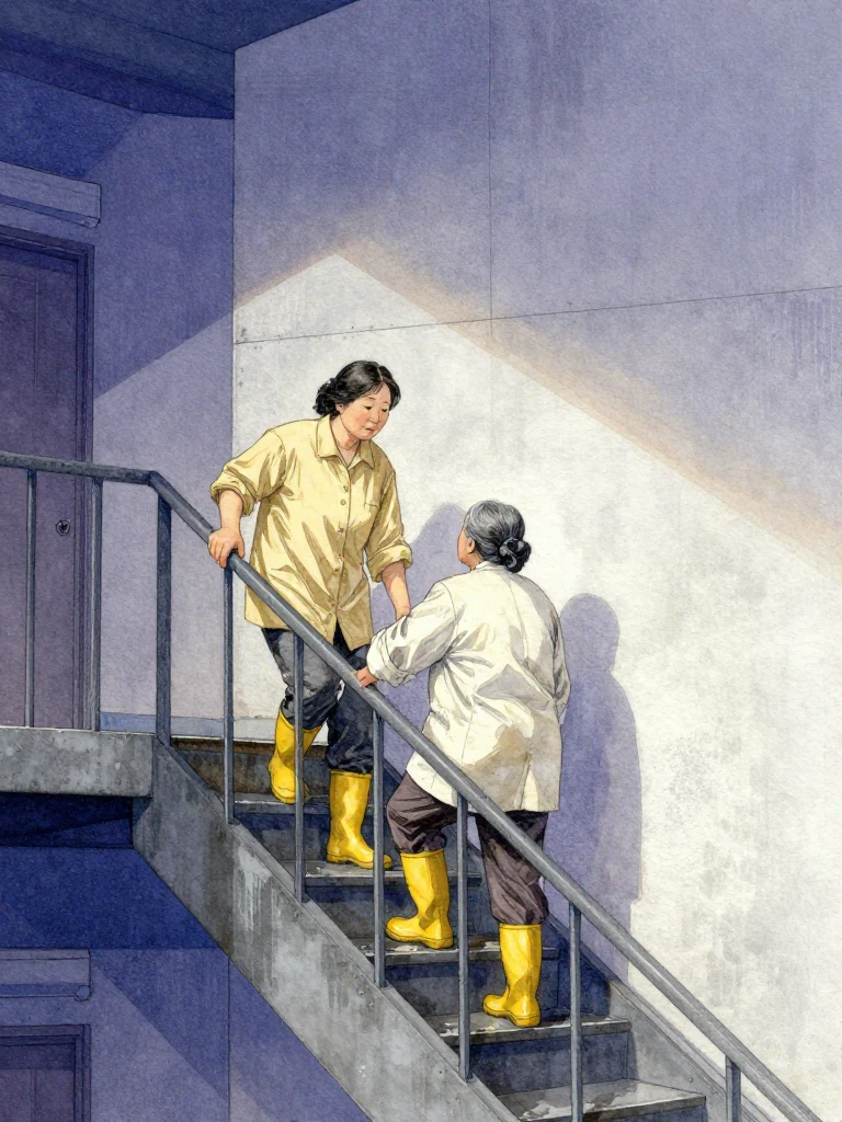 한윤서 climbs the platform stairwell beside an unnamed short elderly cleaning lead, one hand steady at the elder's forearm as both look toward the upper landing. Yellow rubber boots lift from the damp step under pale dawn light. Concrete walls, steel rails, and the long lower flight emphasize the final minute of their deliberate ascent. Setting: 무진선 남천역 7번 승강장.