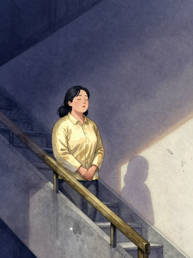 한윤서 stands still at the edge of a stairwell, hands clasped, eyes closed, listening intently. The air is still, light dim, as if suspended between sound and silence. Her breath is shallow, focused. The world holds its breath with her.