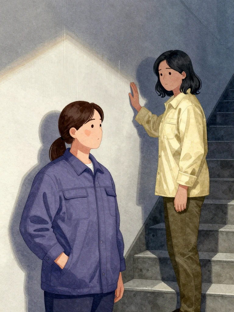 목서라 stands pressed against a wall, facing 한윤서 who is ascending stairs. the same person's hand is flat against the wall beside them. The scene is dim, lit by cold morning light. A faint vibration pulses up the wall behind them. The air feels still, charged with silence before a final release.