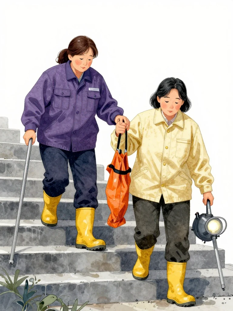 목서라 grips the left arm of an unnamed short elderly cleaning lead while 한윤서 takes the right, forming a three-person chain up six steps. Yellow rubber boots reach the landing as the lower stairs collapse behind them. Dust, orange rainwear, black wrist line, and dawn emergency light hold the synchronized final breath of the rescue. Setting: 무진선 남천역 7번 승강장.