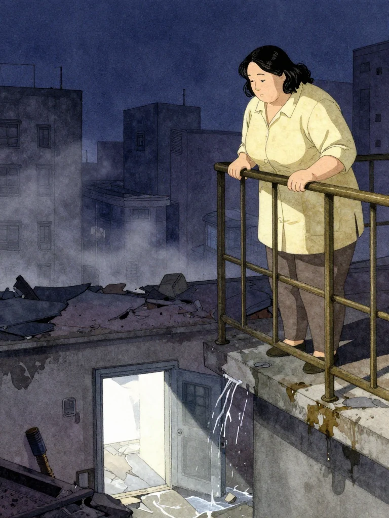 한윤서 stands gripping the railing, gazing downward at a collapsed platform where a door hangs low and the southern edge sags a single step, water rushing away from the broken floor. Light is dim, dawn's chill hangs in the air, and dust drifts from the ruin. Setting: 무진선 남천역 7번 승강장.