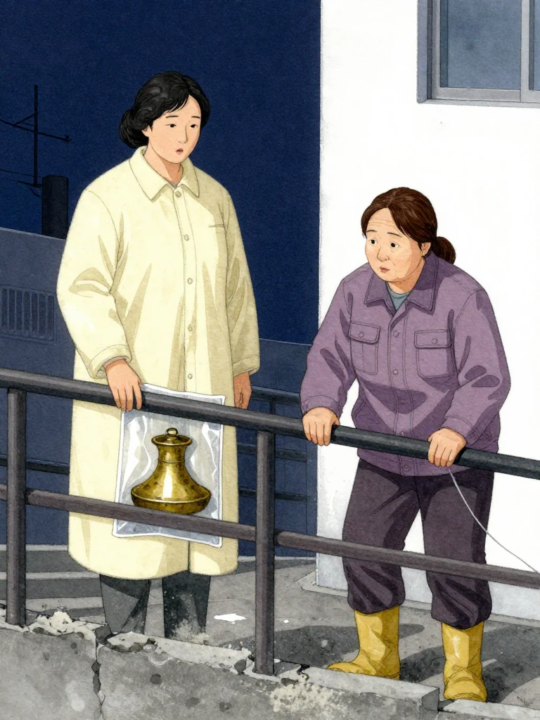 한윤서 reports beside the damaged landing while the aged yellow brass object stays secured inside a transparent pouch beneath the closed coat. 목서라 supports the unnamed elderly cleaning lead at the rail. Dust settles over the collapsed lower steps and silent yellow boots as pale morning light marks three survivors above the stopped subsidence. Setting: 무진선 남천역 7번 승강장. Visible objects: 내일의 상주 동패.