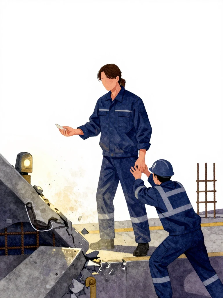 서이안 drops an open restraint and catches the wrist of an unnamed recovery-team lead as the secondary access floor gives way. Two unnamed safety workers brace the inspector's shoulders and pull both adults onto the landing. Emergency light cuts through dust, broken concrete, exposed reinforcement, and the same hand that shifts from capture to rescue. Setting: 무진선 남천역 7번 승강장.
