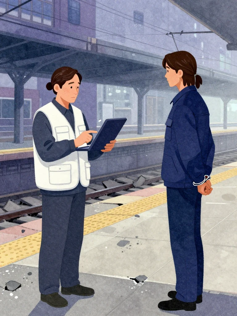 오도영 stands amid the damaged platform holding a dark terminal at chest height, one finger paused over its plain surface. 서이안 faces the same person beside the handcuffed unnamed official and answers with a level posture. Cold morning light crosses broken concrete, scattered water, and the extended device as procedural attention shifts toward the earlier field judgment. Setting: 무진선 남천역 7번 승강장.