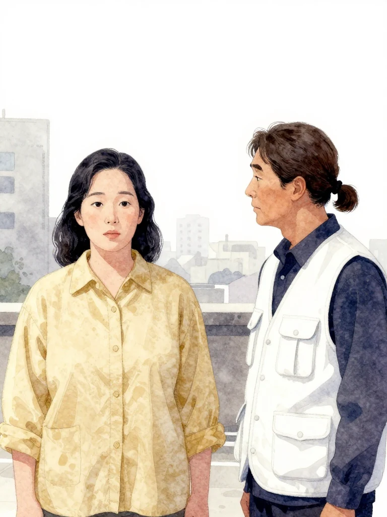 한윤서 stands still, facing forward, eyes straight ahead, posture upright. 오도영 turns his head toward the same person, gaze meeting theirs. Both are in dim, neutral lighting. The moment is silent, charged with unspoken acknowledgment.