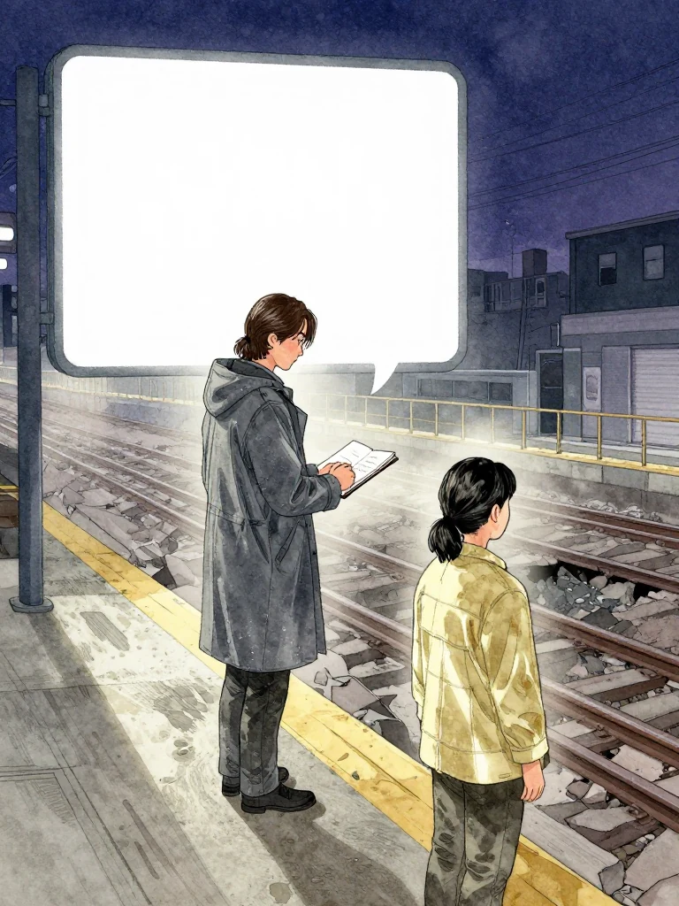 한재온 descends from the waiting area and stands beside 한윤서 at the edge of the damaged platform. The first person keeps a compact work pad closed while quietly relaying a new shell-company connection. Morning light crosses broken concrete, dust, railings, and the two siblings facing the same collapsed route as their separate records converge. Setting: 무진선 남천역 7번 승강장.