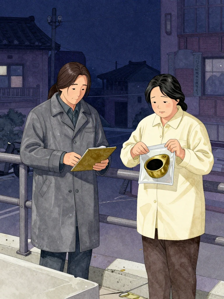 한재온 closes a compact work pad beside 한윤서, who opens the transparent evidence pouch over one palm. The aged yellow brass object remains matte black in its first groove, absorbing the clear morning light. The unnamed elderly cleaning lead leans on the rail nearby while broken steps and settled dust frame the incomplete funeral obligation. Setting: 무진선 남천역 7번 승강장. Visible objects: 내일의 상주 동패.