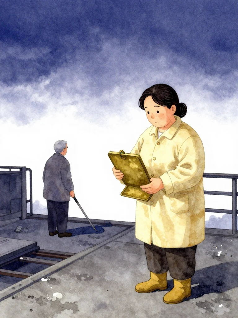 한윤서 holds the aged yellow brass object inside an open evidence pouch while an unnamed short elderly cleaning lead studies its matte first groove. The same person turns from the collapsed platform toward the brightening sky as the missing funeral step becomes clear. Yellow boots, dust, railings, and ordinary morning light surround the quiet ritual realization. Setting: 무진선 남천역 7번 승강장. Visible objects: 내일의 상주 동패.