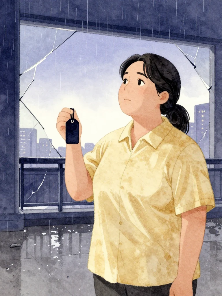 한윤서 stands before a silent, rain-washed platform, holding a black mourning tag. Her gaze lifts to the pale dawn filtering through broken glass. The air is still, the sky clear, and the weight of ritual hangs heavy in the quiet morning.