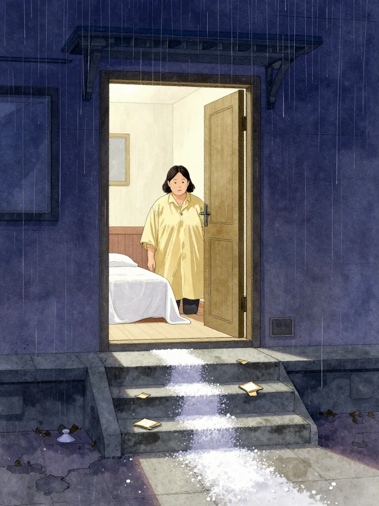 한윤서 pauses at the mortuary threshold before stepping inside, framed by clear morning light after the rain. A trail of white salt marks climbs the worn stairs toward the reopened mourning room, while small sealed tabs sit face-down along the path. Warm interior panels, damp concrete, and folded white cloth restore a solemn household atmosphere around the solitary entrance. Setting: 남천 고가 장례소.