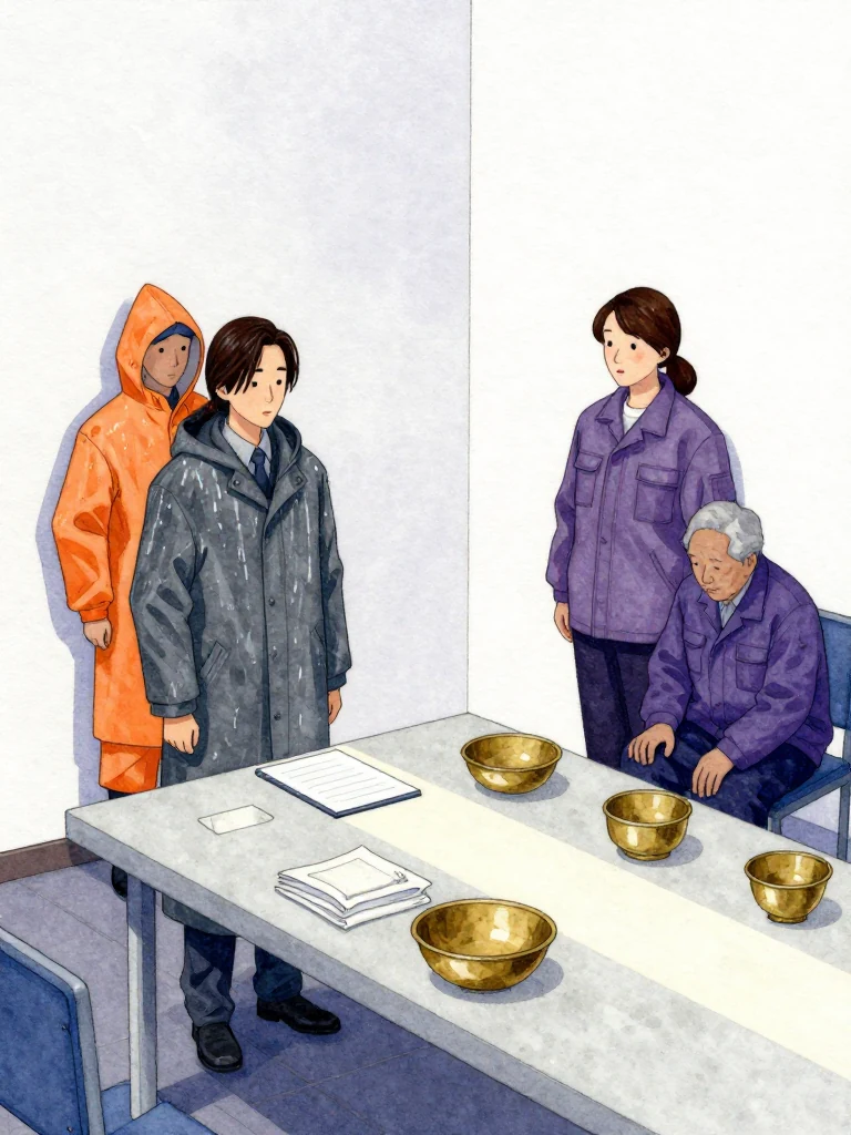 한재온 stands at the mortuary record table with a compact work pad closed while 목서라 waits against the wall in orange rainwear, hands lowered for witness duty. An unnamed short elderly cleaning lead sits in a corner chair tending one knee. Morning light crosses the preparation table, brass basin, folded cloth, and five carefully arranged ritual stations. Setting: 남천 고가 장례소.