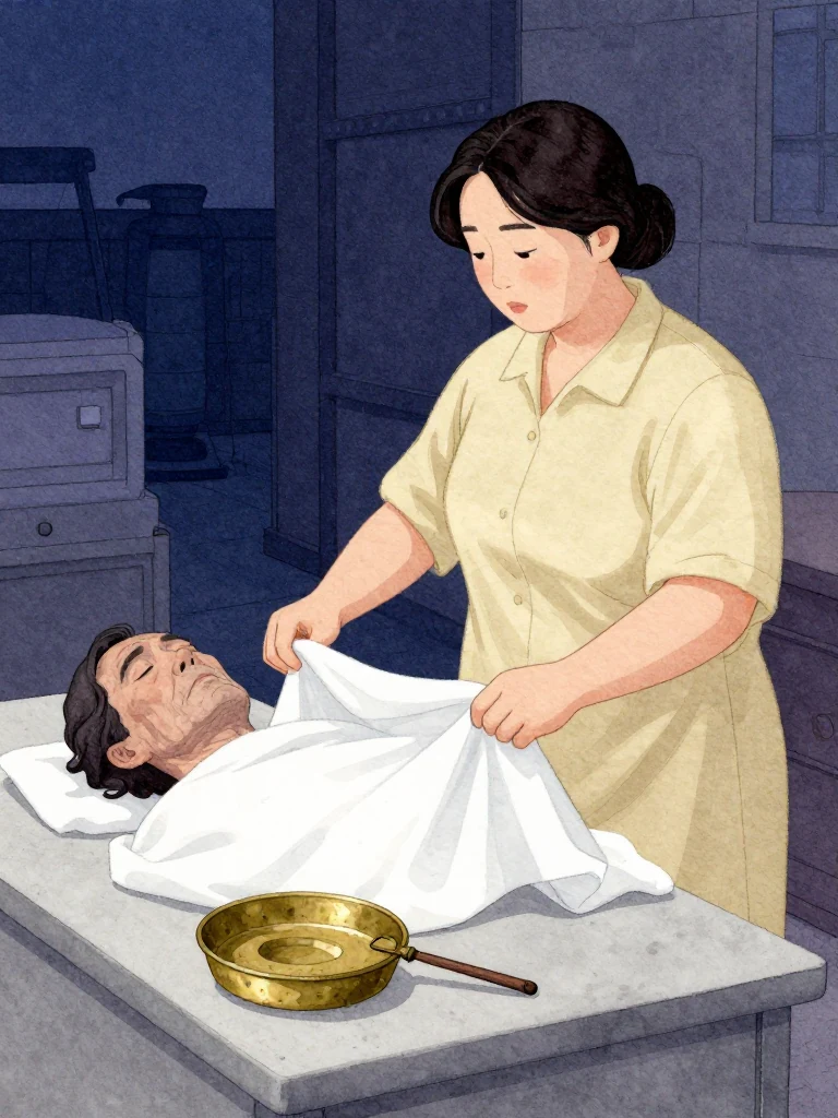 한윤서 stands beside the preparation table and folds back plain cloth from an older same-identity future corpse visibly about forty-six years old. The mature face repeats the same structure with deeper fatigue and closed eyes. Nearby, the aged yellow brass object rests turned over inside a shallow evidence dish, keeping its pressed identity surface hidden from view. Setting: 남천 고가 장례소. Visible objects: 내일의 상주 동패.