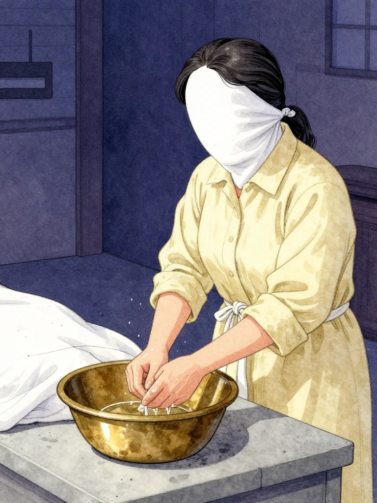 한윤서 washes the hands of the older same-identity future corpse, closes its collar, and reties the burial sack with an outward-releasing knot. The forty-six-year-old face remains covered by white cloth above the shoulders. Morning light, brass basin, clean cord, wet hands, and the mortuary preparation table focus the solitary ritual care across two ages of one identity. Setting: 남천 고가 장례소.