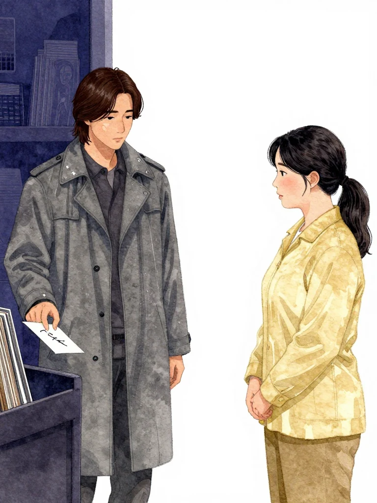 한재온 steps from a record stand, placing a folded plain surface beside 한윤서's signature and closed featureless bound object. Both are visible in full, facing each other. The scene is lit by soft, neutral light. the same person's hands are steady. the same person's gaze is fixed on the plain surface.