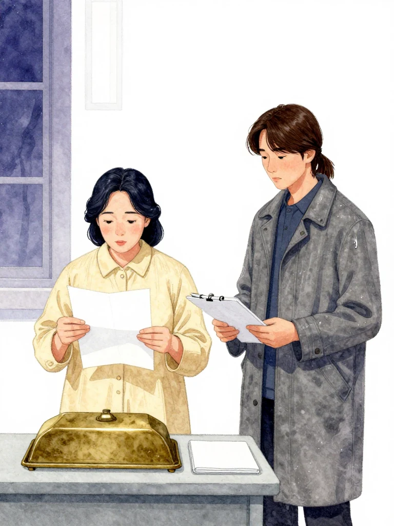한윤서 holds a folded instruction sheet with its narrow margin tucked beneath the crease and edge-obscured while 한재온 keeps a compact work pad closed at the mortuary table. The aged yellow brass object rests plain-side up in the evidence dish. Witnesses remain still as soft morning light catches the careful fold and unanswered family questions. Setting: 남천 고가 장례소. Visible objects: 내일의 상주 동패.