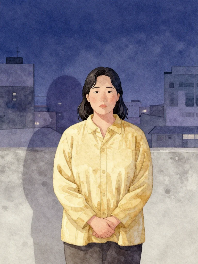 한윤서 stands still, facing forward, hands clasped at waist, posture rigid, gaze fixed ahead. The air holds the quiet weight of dawn's end. Only her presence, the silence, and the ritual's final plain surface. The composition keeps every visible silhouette spatially distinct and clearly legible.