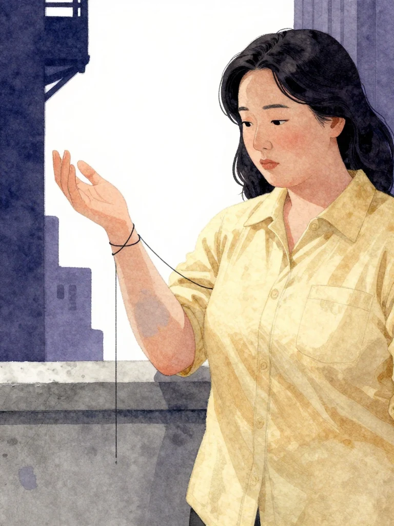 한윤서 stands still, lifting her sleeve to reveal a fading black thread on her skin, now softened into a thin gray mark like a tattoo. The thread's tension has vanished, leaving only the ghost of a funeral binding. Her hand rests open, showing a quiet, empty space where the thread once held her.
