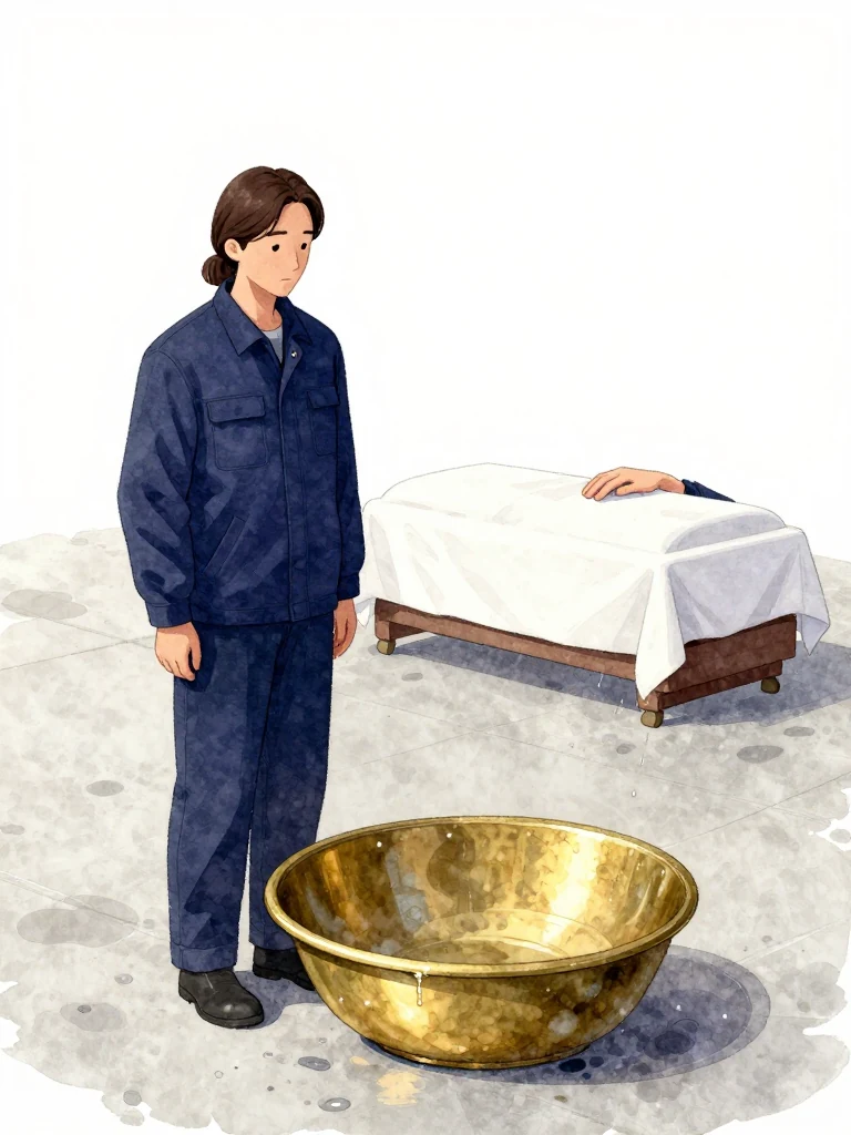 서이안 stands beside the evidence dish as the first groove of the aged yellow brass object fills completely with ordinary rain-cleared morning light. One hand closes the plain witness packet while the completed funeral table rests beyond. White cloth, brass basin, clean concrete, and a calm upright posture mark the first ritual's full completion. Setting: 남천 고가 장례소. Visible objects: 내일의 상주 동패.