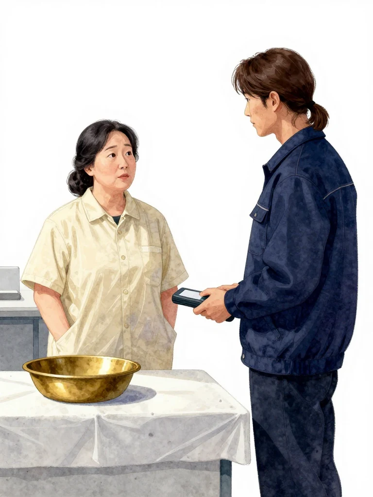 한윤서 stands before the cleaned preparation table and answers 서이안, who has closed the witness packet and lowered the handheld terminal. The aged yellow brass object rests in its evidence dish beside them. Soft morning light crosses white cloth, brass basin, and two steady figures considering future work after the first funeral is complete. Setting: 남천 고가 장례소. Visible objects: 내일의 상주 동패.