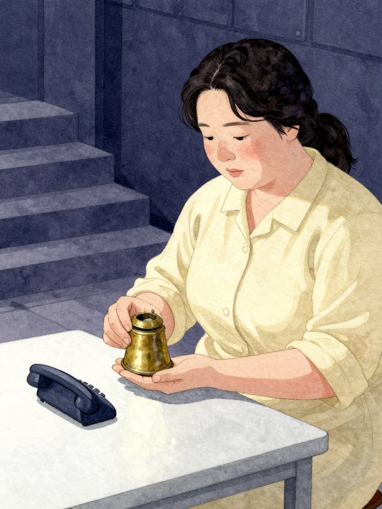 한윤서 studies the aged yellow brass object in one palm as watery light begins inside the second groove, marking the next corpse's time. A dark phone rests face-down beside the same hand, ready for the shared response network. The completed first groove, quiet stairs, cleaned table, and clear morning light establish a new collective ritual grammar. Setting: 남천 고가 장례소. Visible objects: 내일의 상주 동패.