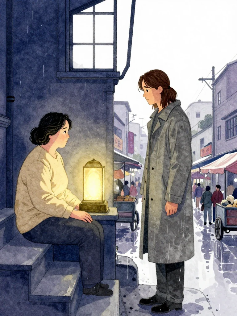 한윤서 sits on a stair landing, hand resting on a glowing artifact. 한재온 stands beside, gazing at the artifact's second chamber lighting up. Morning light spills through a window above. Rain has stopped. A market bustles below, carts passing under a wet street. The artifact's glow pulses softly, signaling the start of the next phase. Visible objects: 내일의 상주 동패.