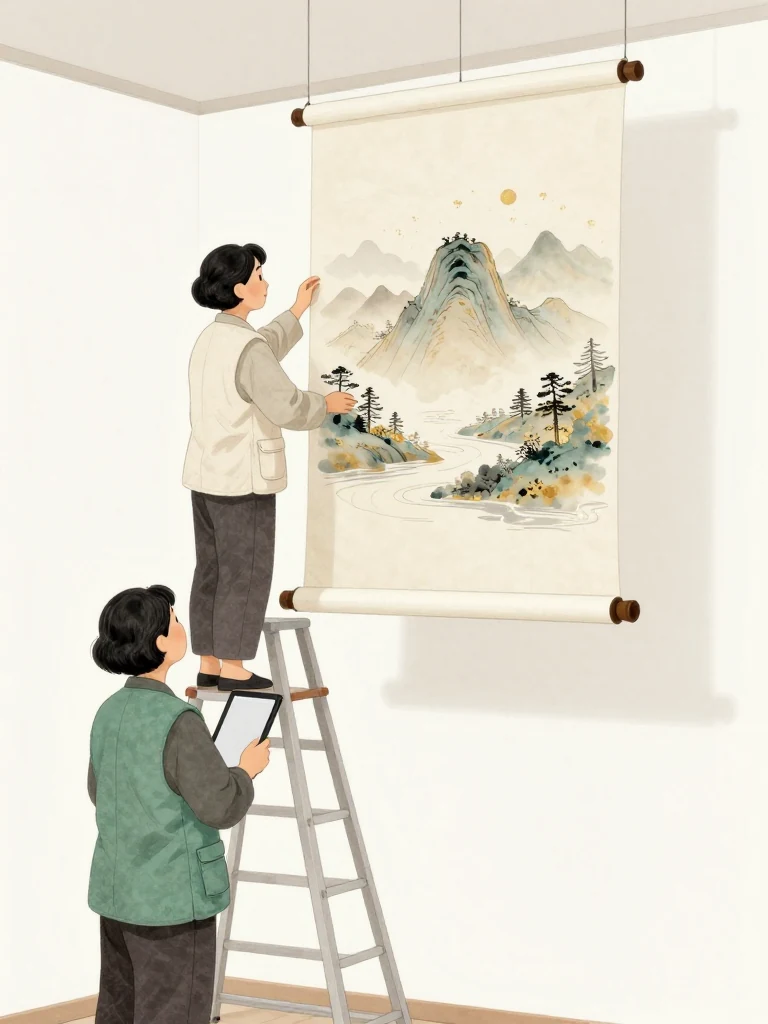 서지안 stands high on a ladder in the white preview room, both hands steadying an unrolled mountain landscape scroll as a faint ripple catches beneath the mounting edge. 오세라 pauses below with a tablet held against the chest and studies the alignment. Cool late autumn light, white walls, and taut hanging wires frame the quiet installation. Setting: 한율옥션 프리뷰룸. Visible objects: 운계 산수도.
