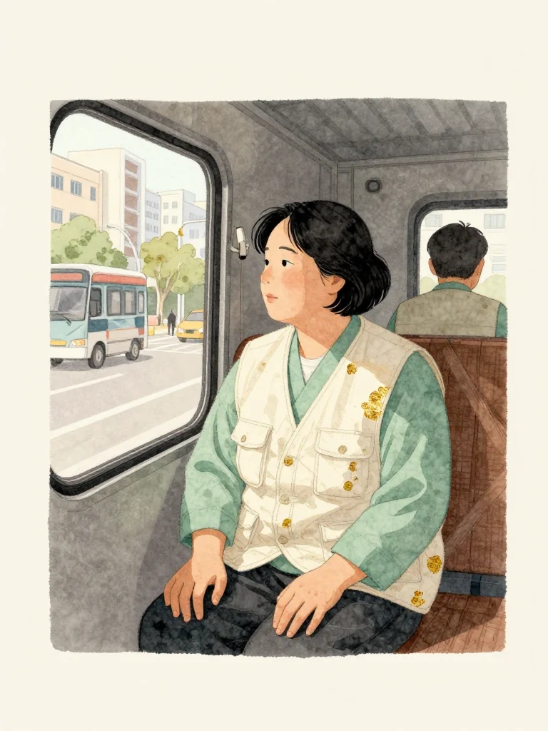 서지안 sits beside the return truck window with both hands resting loosely in the lap, gaze fixed on the passing city while an unnamed crew leader turns from the adjacent seat. Gray late autumn light slides over cargo straps and an empty rack behind them, leaving the same person's fingertips tense after the installation.