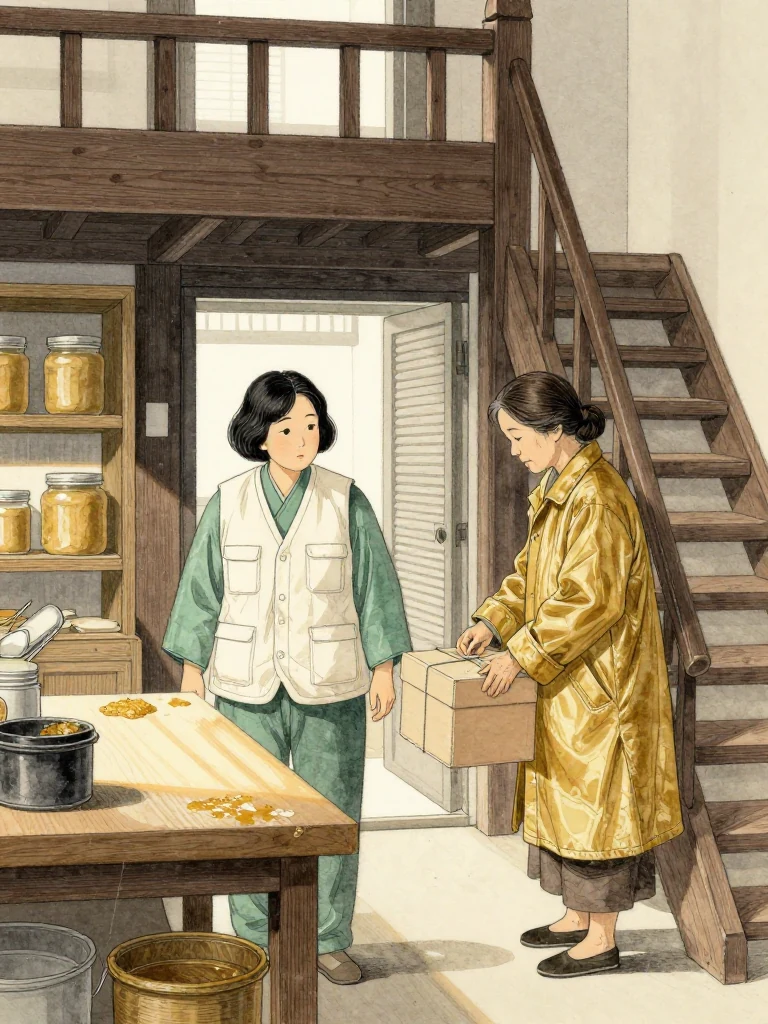 서지안 stands inside the old mounting workshop just beyond the doorway, surrounded by cedar shelving and the sour warmth of fermented wheat paste. 서명주 tightens cord around a packing box beneath the upper stair, shoulders set toward the exit. Late afternoon light crosses the workbench, paste crocks, and shuttered wood while distance holds between them. Setting: 문향재.