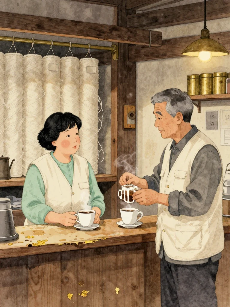 서지안 cups a steaming drink in both hands at the worn counter, shoulders easing after the walk from the workshop. 박무근 stands across from the same person and mixes two coffee sachets into another cup with familiar precision. Tall rolls of mounting fiber fill cedar racks behind them, and warm shop light settles over brass tins and scuffed wood. Setting: 무근지업사.