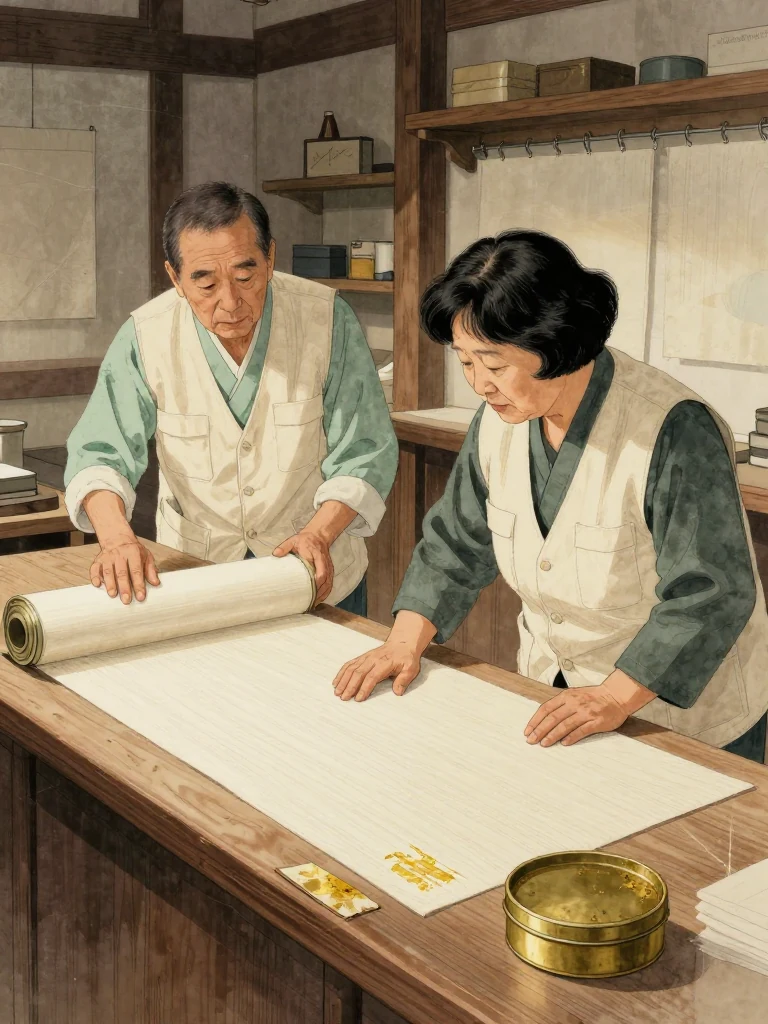 박무근 lays a pale fiber roll across the worn counter and sweeps one palm along its edge to show the direction of the grain. 서지안 leans close from the opposite side, following the crossed fibers with focused attention. A grease dark brass pigment tin rests beside the sample under warm shop light and crowded cedar shelving. Setting: 무근지업사.