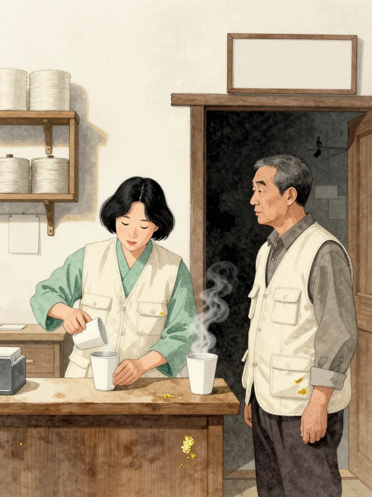 서지안 lowers an empty cup onto the counter, throat tight, while 박무근 tips the chin toward a shadowed storeroom stacked with a single reserved backing roll. The shop remains open in late autumn dusk, bare cedar shelves and bundled fiber stock surrounding them. Steam fades above the cups as both hold the quiet weight of an unclaimed family order. Setting: 무근지업사.