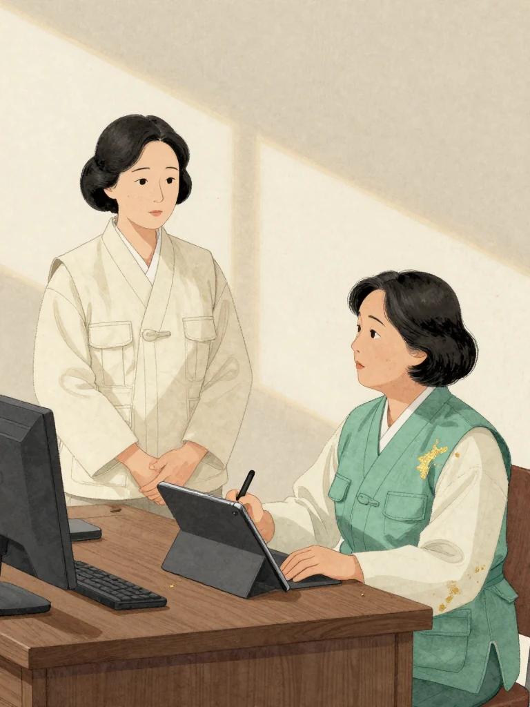 서지안 stands before the office desk with hands held steady at the waist, posture respectful and resolute. 오세라 sits upright across the desk, tablet stylus suspended above a blank dark surface, gaze fixed on the same person. Cool morning light falls across spare wood, glass, and the narrow space between them during the request for closer inspection.