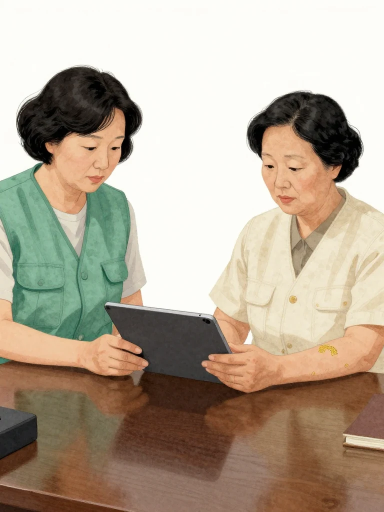 오세라 slides a tablet across the desk, one hand remaining firmly on its edge while measuring the opposite figure's work worn hands and steady posture. 서지안 receives the device with both hands. Cool office light reflects from the blank surface, and the restrained distance between them makes the granted inspection feel precise and conditional.