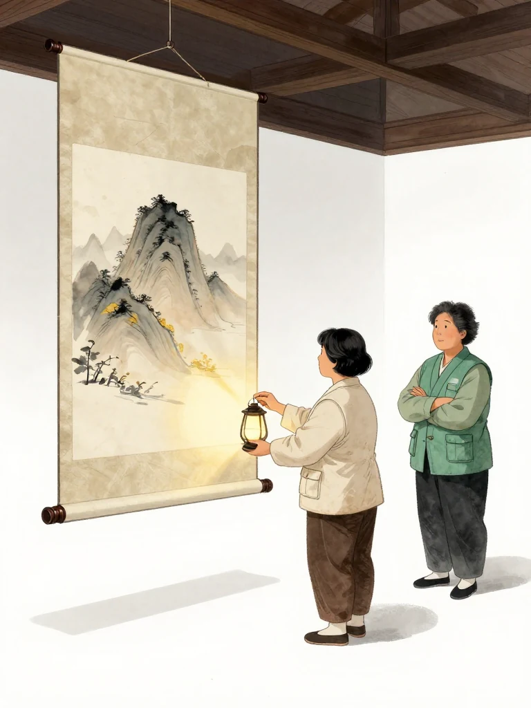 서지안 stands close to the hanging mountain scroll and angles a lantern beam across its lower backing edge, revealing the picture fiber and backing fiber running in parallel. 오세라 waits several steps behind with arms folded, watching the same person's hands. The empty white preview room remains cool and still beneath even preopening light and taut suspension wires. Setting: 한율옥션 프리뷰룸. Visible objects: 운계 산수도.