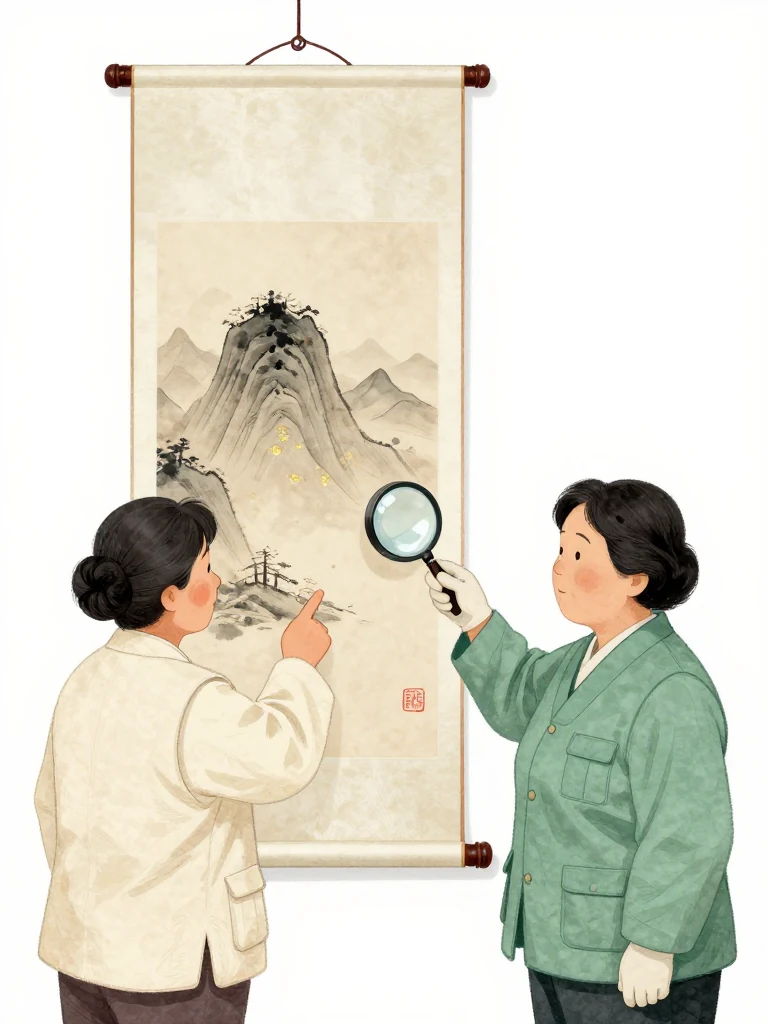 서지안 positions a magnifying lens above the red seal impression on the hanging mountain scroll and points toward pigment resting sharply on the fiber surface. 오세라 accepts the lens with a gloved hand and studies the same area at close range. Raking light reveals the even paste boundary and parallel backing grain against the quiet white display wall. Setting: 한율옥션 프리뷰룸. Visible objects: 운계 산수도.