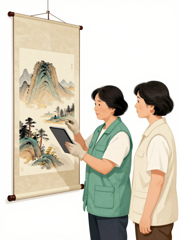 오세라 stands beside the hanging mountain scroll, operating the tablet with one hand while the other removes a preservation glove. 서지안 waits close by, gaze shifting from the same person's blank device surface to the beautiful landscape. Cool preview lighting holds the white room still as both face the artwork with newly sharpened scrutiny and restrained professional tension. Setting: 한율옥션 프리뷰룸. Visible objects: 운계 산수도.