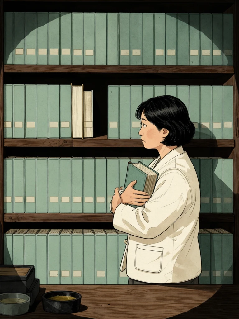서지안 stands alone at the old workshop shelves, holding the final worn repair volume closed against the chest while a trembling free hand hovers beneath rows of matching volumes. Deep night light brushes thumb darkened corners, cedar grain, paste crocks, and the empty workbench. The same person's gaze moves across the orderly shelves and stops at a single gap. Setting: 문향재. Visible objects: 수리 일지 마흔 권.