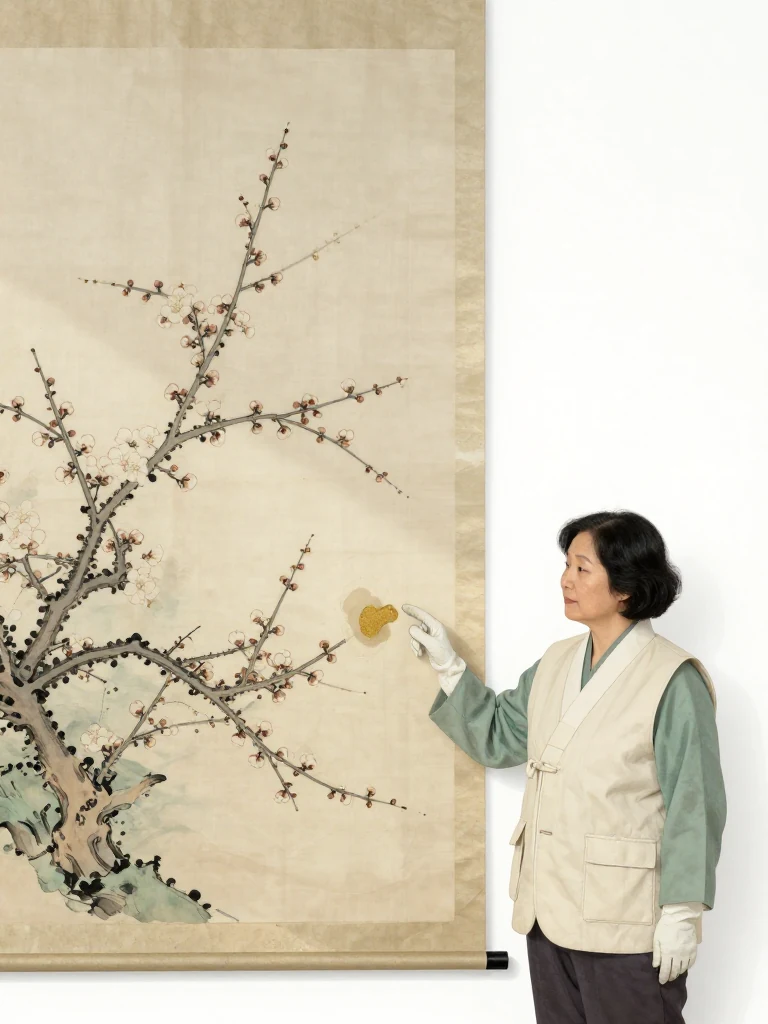 서지안 pauses beside the lower corner of a mounted plum blossom painting, gloved fingertips hovering over one unnaturally even stain while raking light reveals uniformly aged edges. A white temporary wall, cool late autumn light, and the empty space left by the removed landscape establish the reopened preview room. Setting: 한율옥션 프리뷰룸.