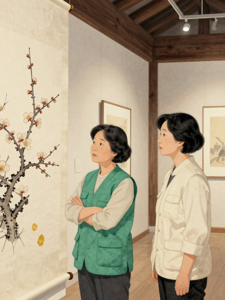 오세라 studies the mounted plum blossom painting with arms folded while 서지안 indicates the isolated stain at its fabric boundary. Their measured distance and level gazes turn a professional disagreement into a tense comparison, with cool gallery light grazing the mounting seam and the reopened preview room receding behind them. Setting: 한율옥션 프리뷰룸.