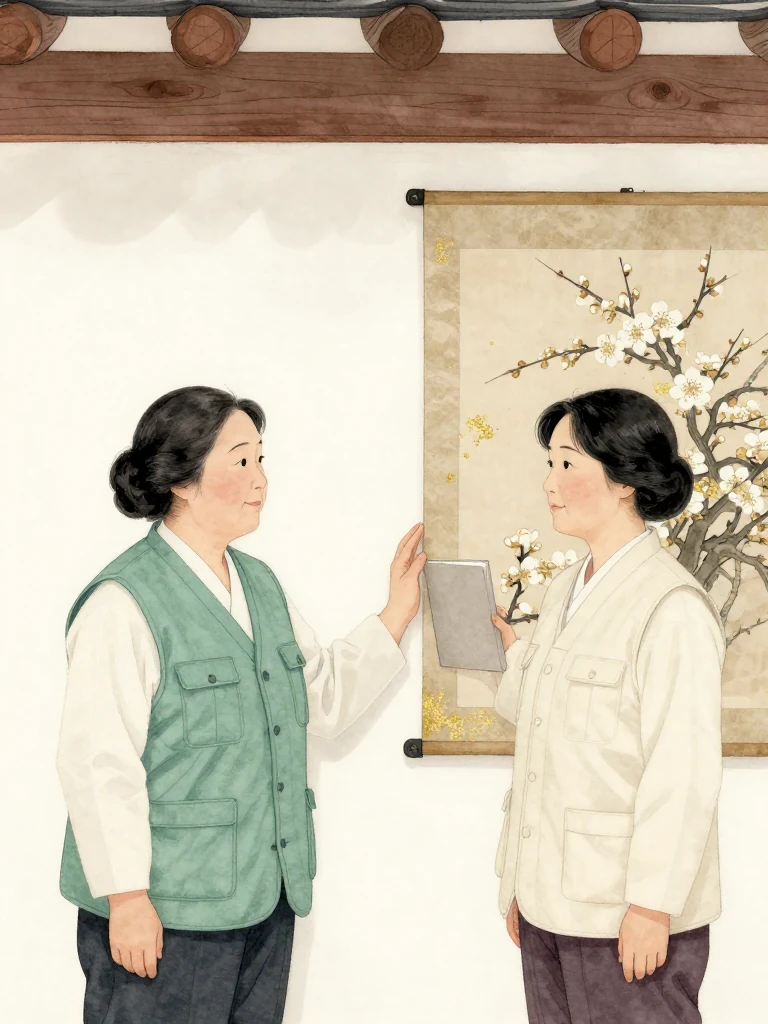 오세라 faces 서지안 across the temporary wall, one hand resting beside a plain gray folio while a restrained smile nearly reaches her eyes. The second woman remains steady beside the mounted plum blossom painting. Cool overhead rails and spare white walls sharpen the uneasy alliance forming around a repeatable comparison. Setting: 한율옥션 프리뷰룸.