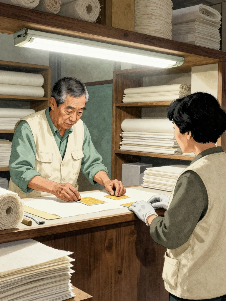 박무근 leans over the shop counter beneath bright fluorescent light, rubbing two backing samples between weathered fingertips before lifting them toward the glow. 서지안 observes from the opposite side with gloved hands held clear. Dry fiber bundles, stacked wrapping sheets, and narrow shelves establish the compact fiber shop. Setting: 무근지업사.