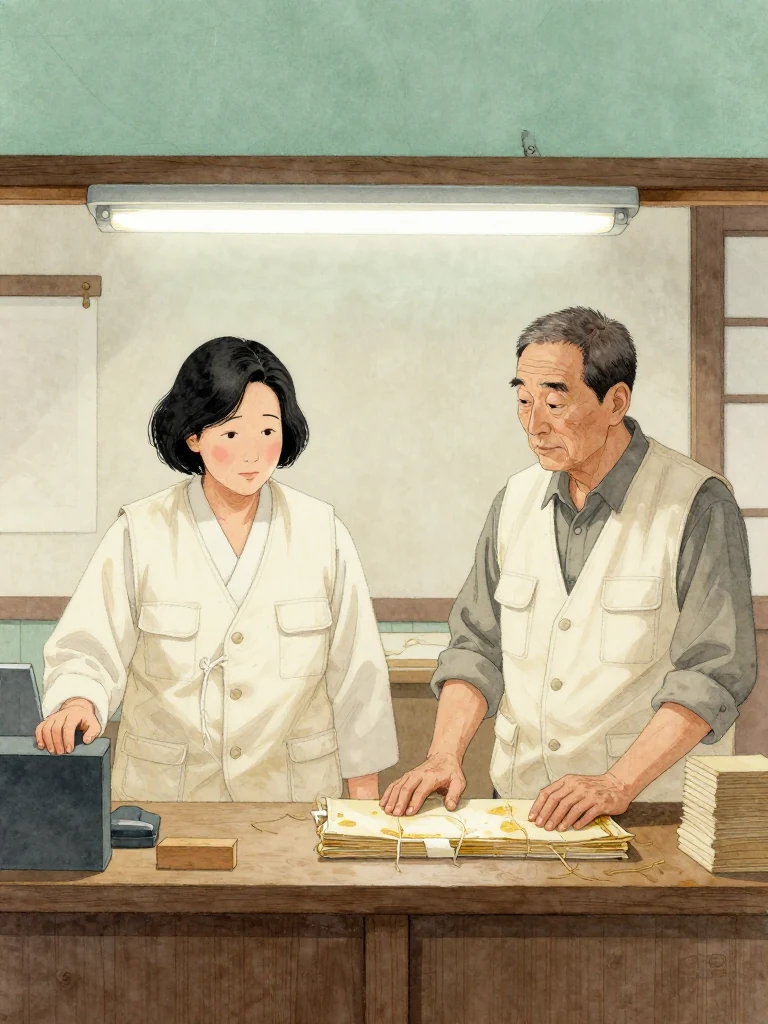 서지안 freezes with one hand above the counter as 박무근 rests a palm on an unopened bundle of old backing stock. His other hand closes the shop volume. Bright fluorescent light catches the oil wrapping and dry fibers while her fixed expression reveals that her teacher once followed the same supply trail. Setting: 무근지업사.