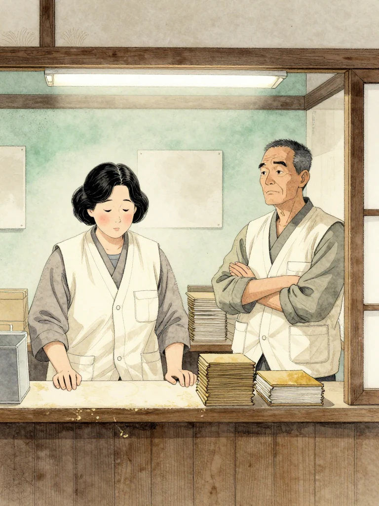 서지안 stands at the counter with both hands lowered, committing the supplier trail to memory while 박무근 leans back with folded arms and a guarded, dependable gaze. Bundled stock and a closed bound volume remain between them under hard fluorescent light, emphasizing a confidence shared only inside the narrow shop. Setting: 무근지업사.
